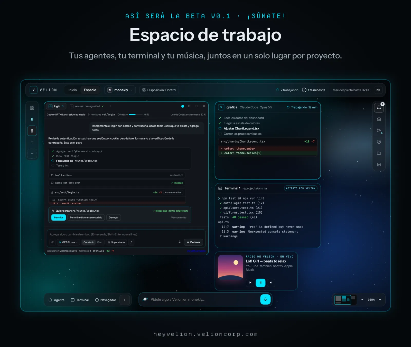 Diseño del Espacio de Velion: una sesión de Codex pidiendo permiso, una de Claude Code trabajando, una terminal y el panel Pendientes.