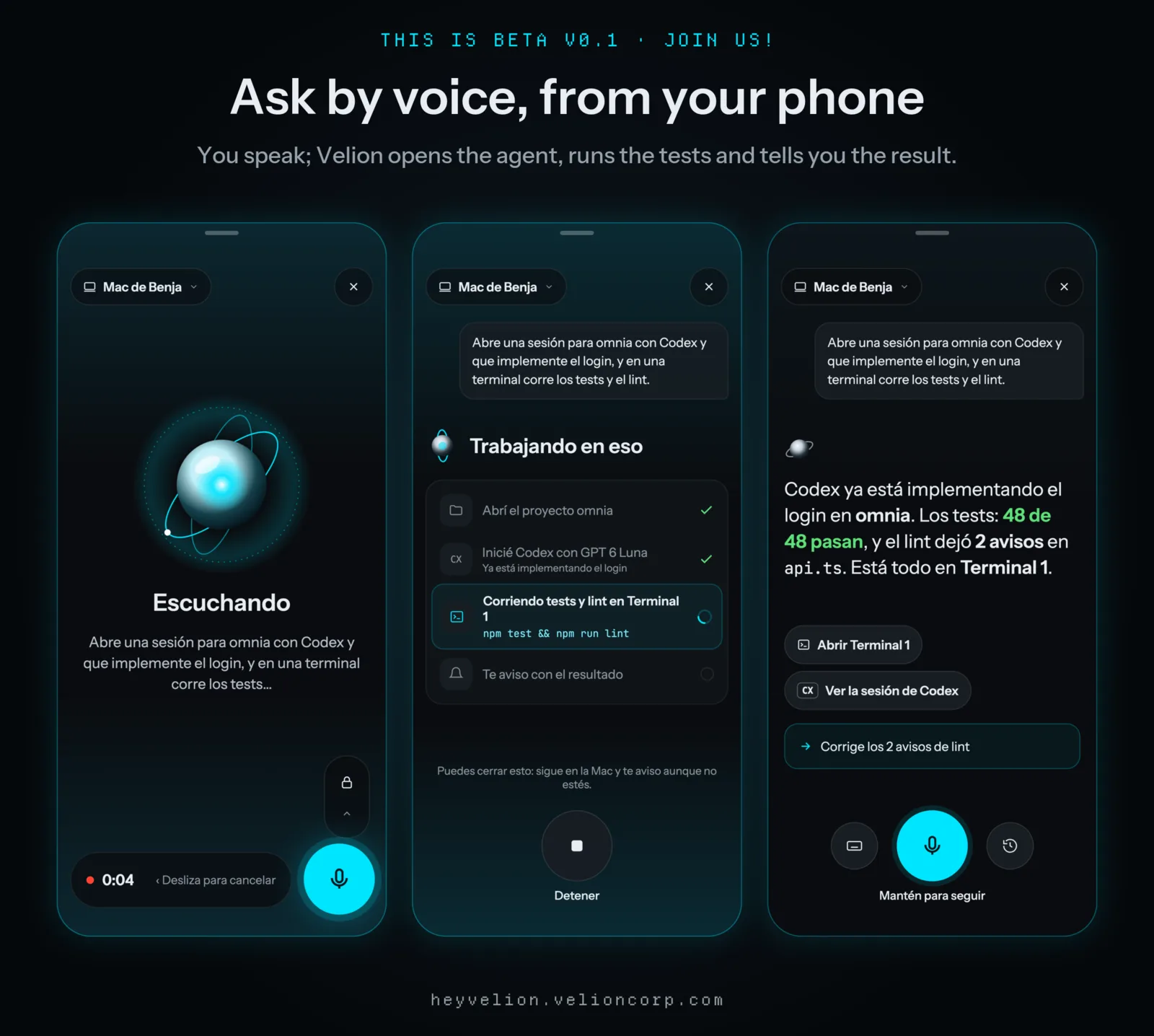 Design of the iPhone app: listening to a voice request, working on it, and the summary with shortcuts.