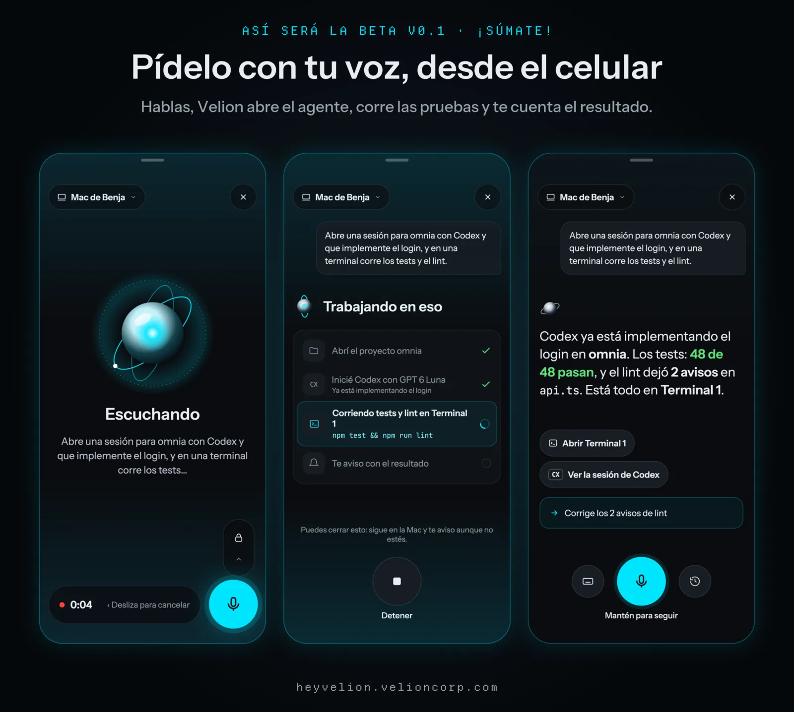 Diseño de la app para iPhone: escuchando una petición por voz, trabajando en ella y el resumen con atajos.