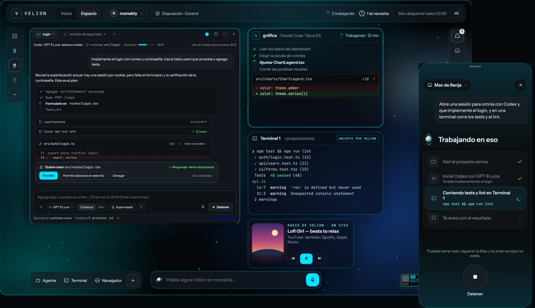 Diseño de la Beta v0.1: la ventana de Velion en la Mac con varias sesiones de agentes, y el iPhone con una petición por voz.