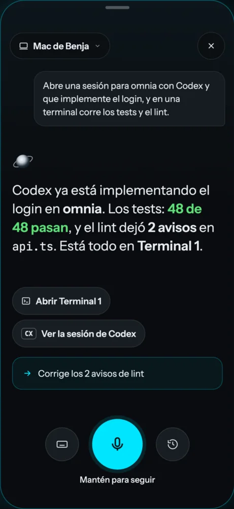 Diseño de la app para iPhone: Velion resume que Codex implementa el login, con atajos para abrir la terminal y la sesión.
